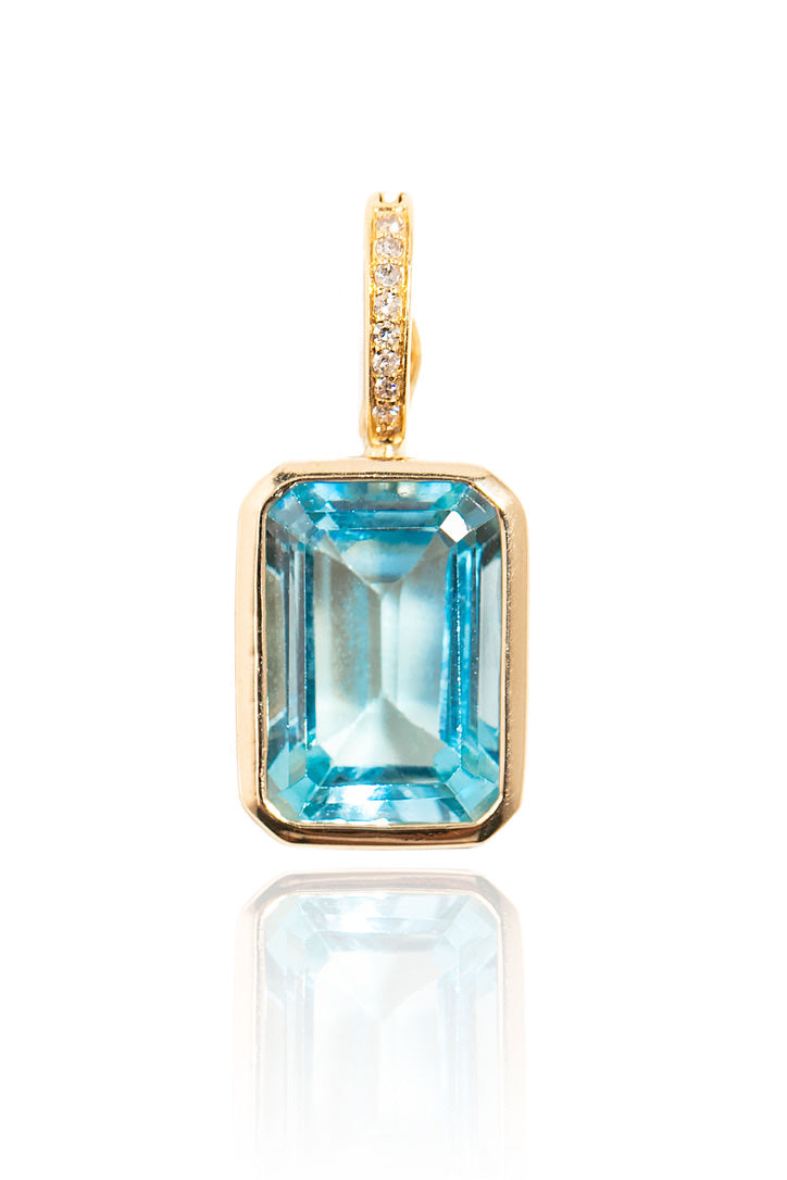 14k Gold Emerald Cut Blue Topaz Gemdrop Pendant
