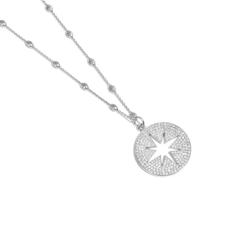 18k White Gold Diamond Pavé Compass on White Gold Lunar Chain