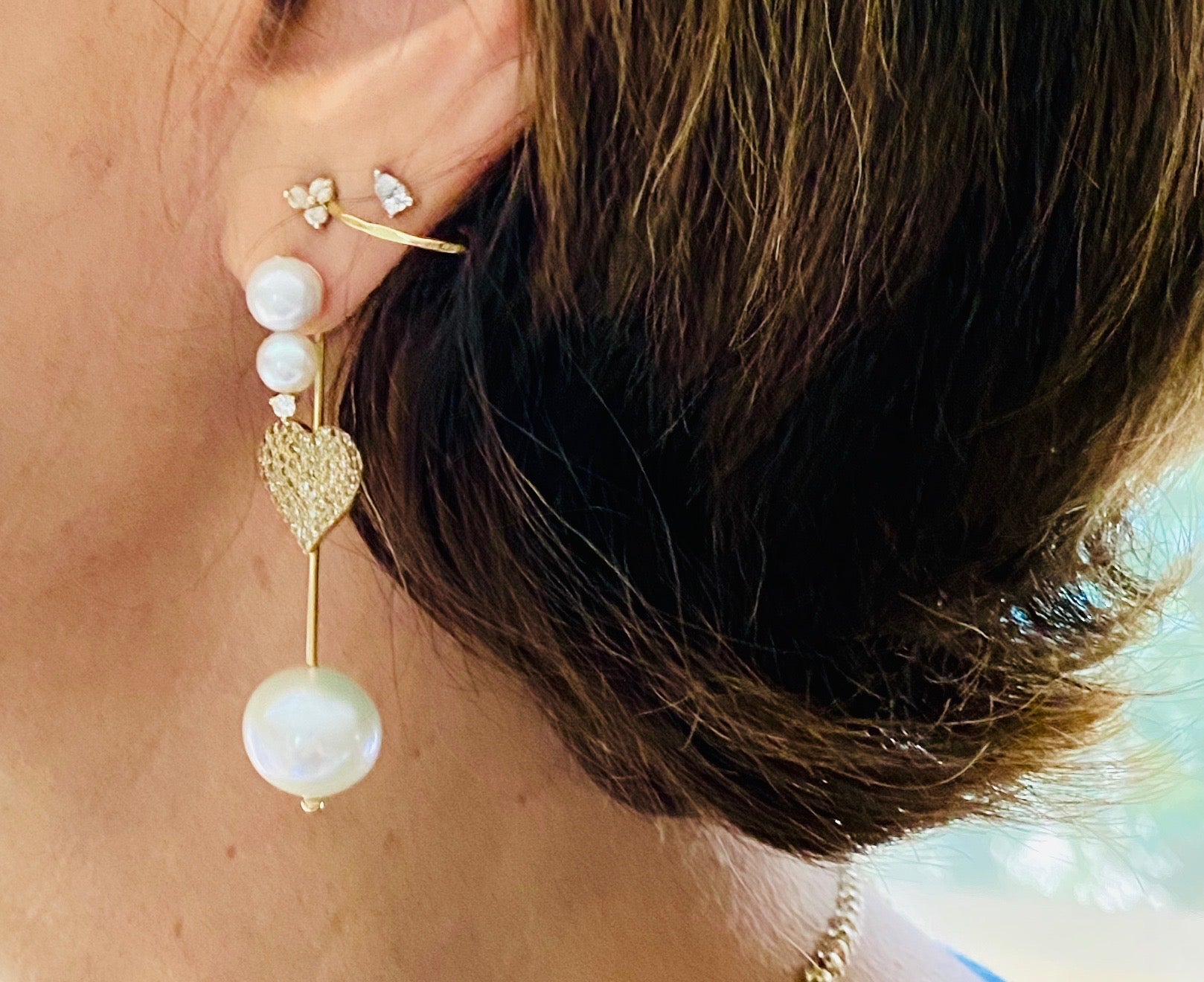 Triple pearl gold Hatpin Diamond pave hearts