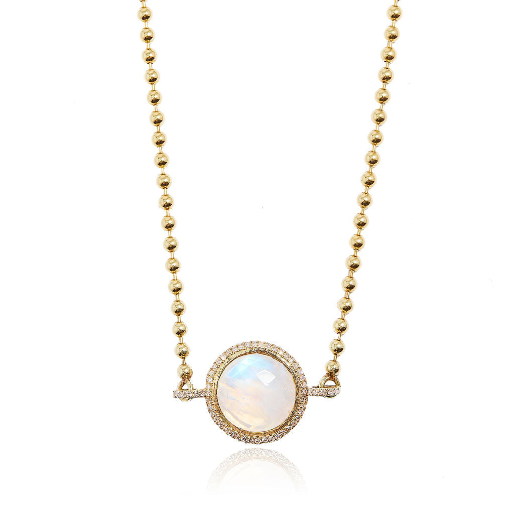 Diamond Moonstone Ball Chain Necklace in 14k Yellow Gold