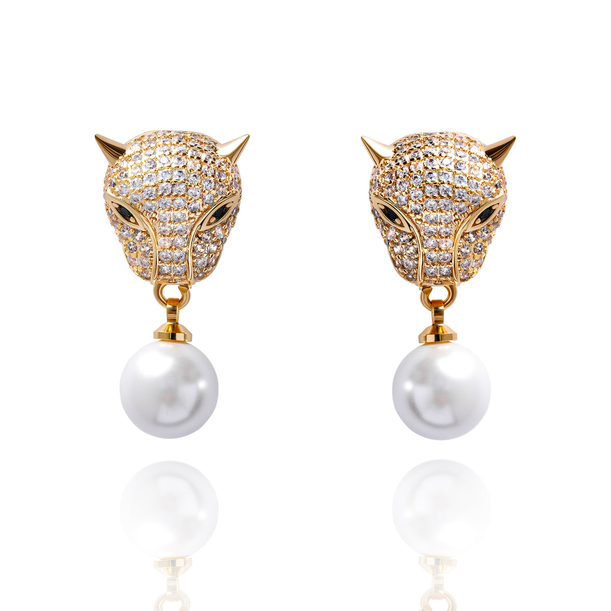 Emerald Eye Diamond Panther Pearl Earrings in 18K Gold