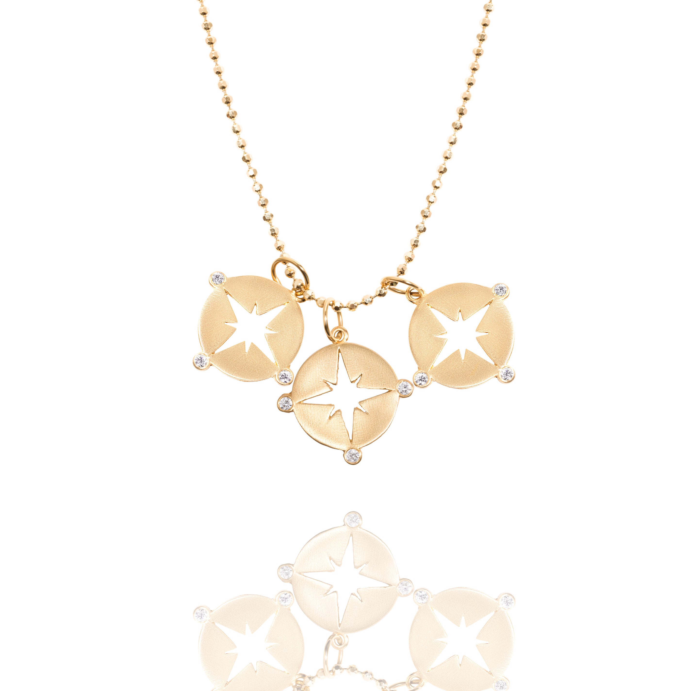 14k Gold Matte Mini Triple Diamond Compass Pendant