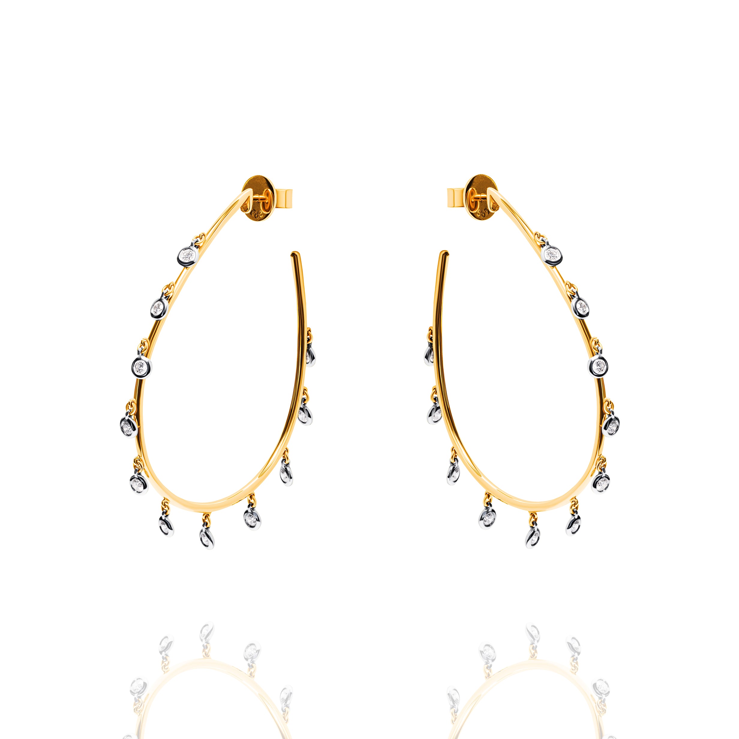 14k Gold Oval Diamond Gypsy Hoop Earrings