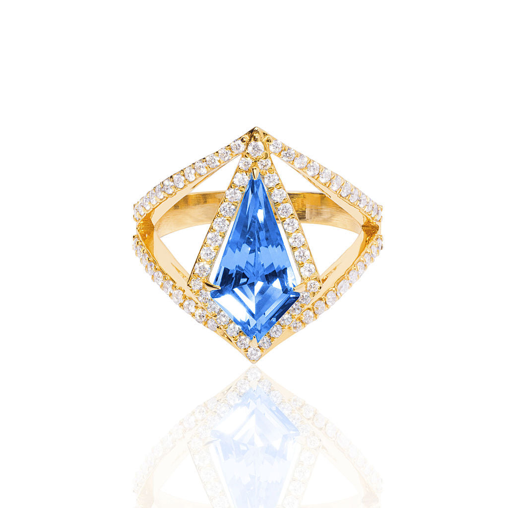 18k Yellow Gold Blue Topaz Diamond V Ring