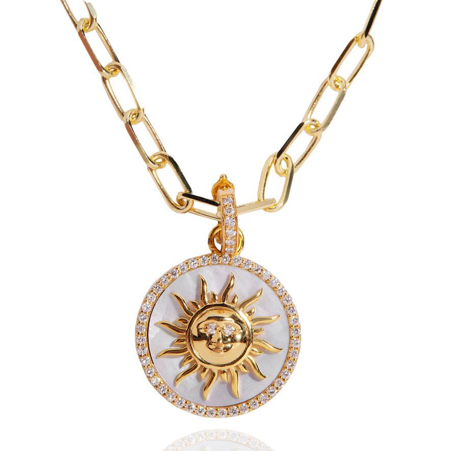 Large 18k Gold Diamond Mother of Pearl Sun Pendant