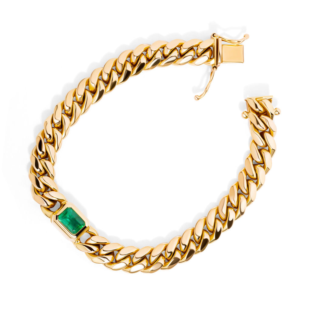 14k Yellow Gold Emerald Miami Cuban Chain Bracelet
