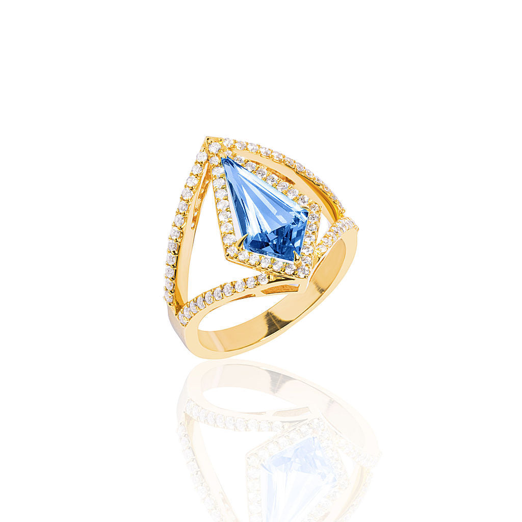 18k Gold Blue Topaz Diamond V Ring