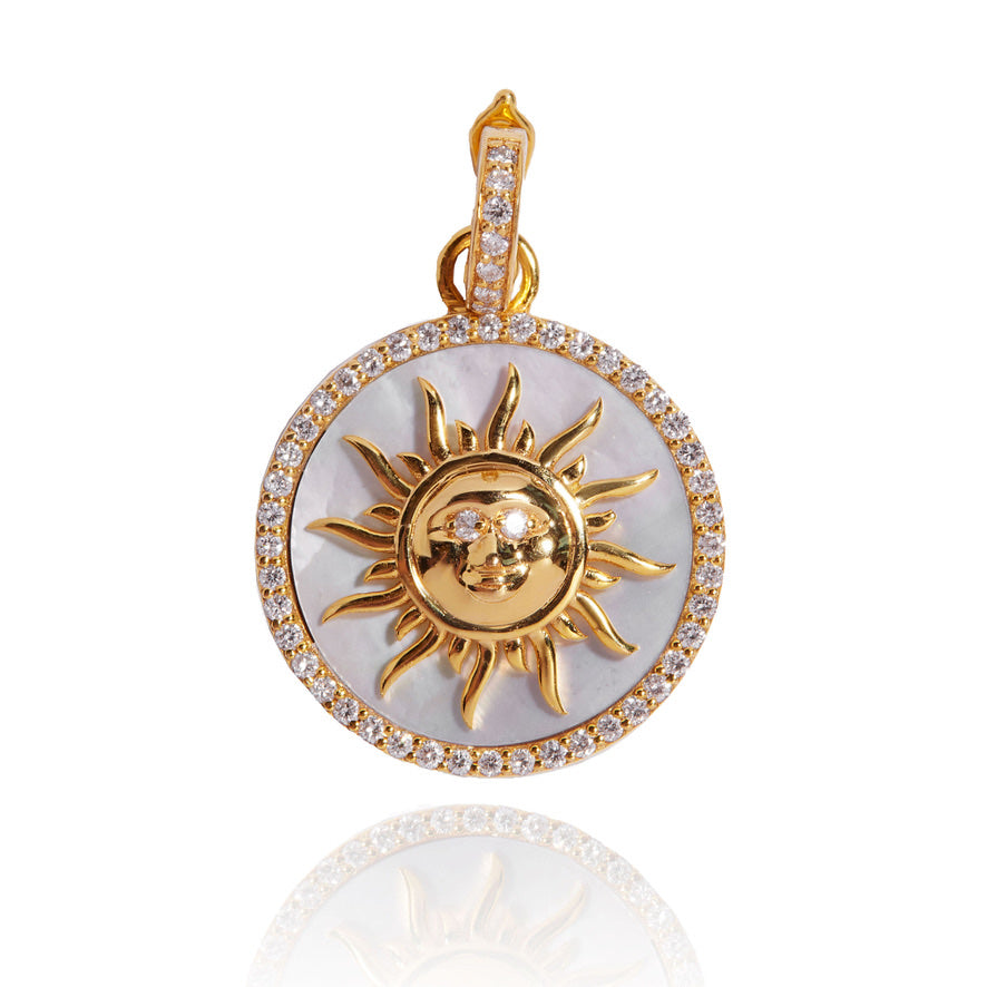 Large 18k Gold Diamond Mother of Pearl Sun Pendant