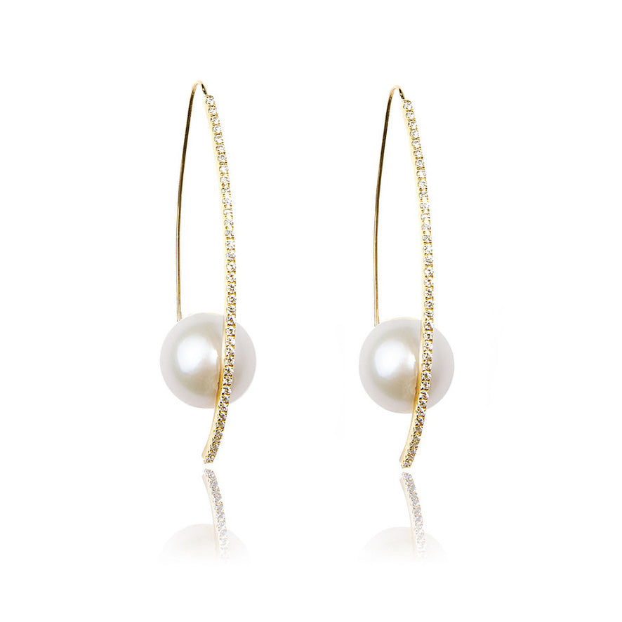 18K Yellow Gold Diamond Pavé Pearl Threader Earrings