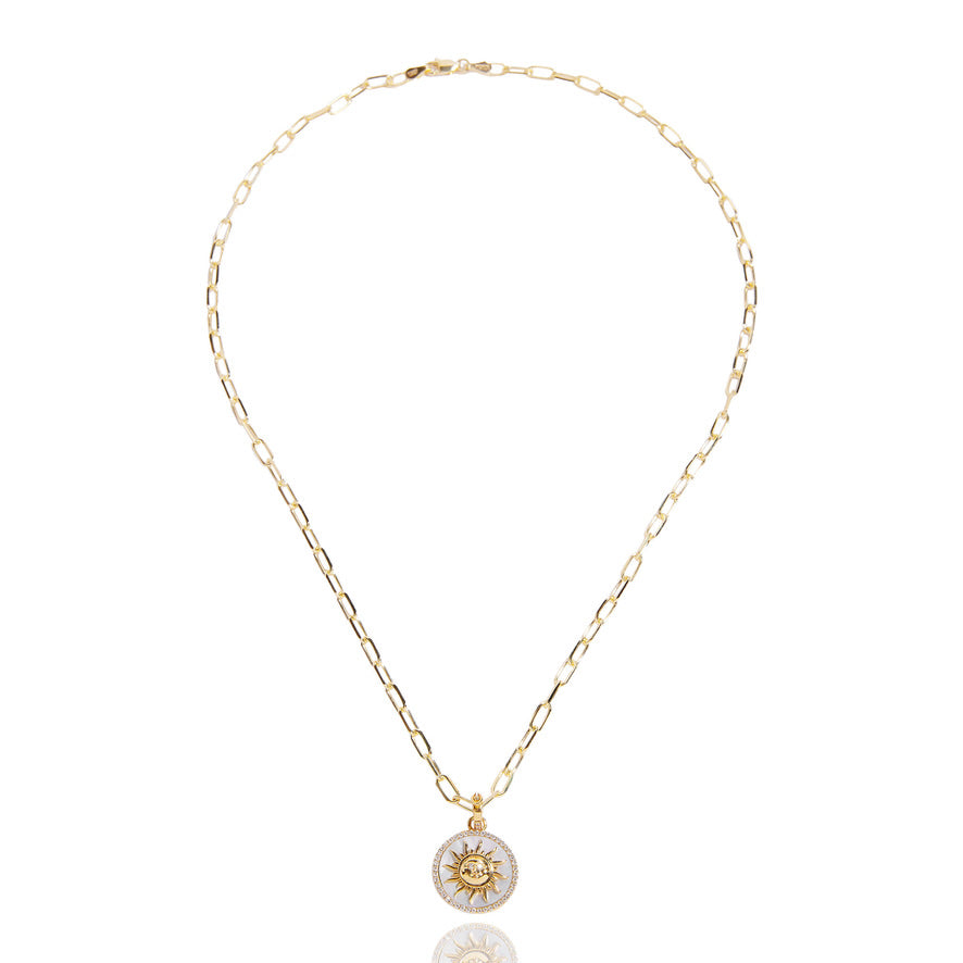 Large 18k Gold Diamond Mother of Pearl Sun Pendant