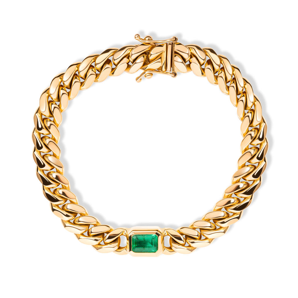 14k Yellow Gold Emerald Miami Cuban Chain Bracelet