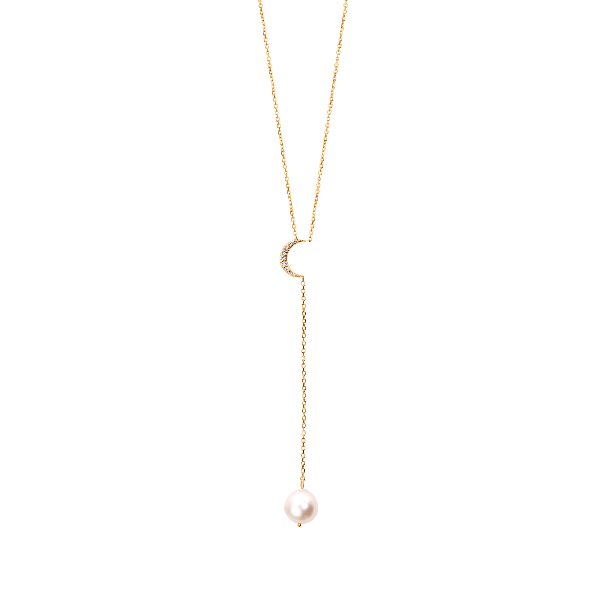 14k Gold Diamond Crescent Moon Freshwater Pearl Lariat Necklace