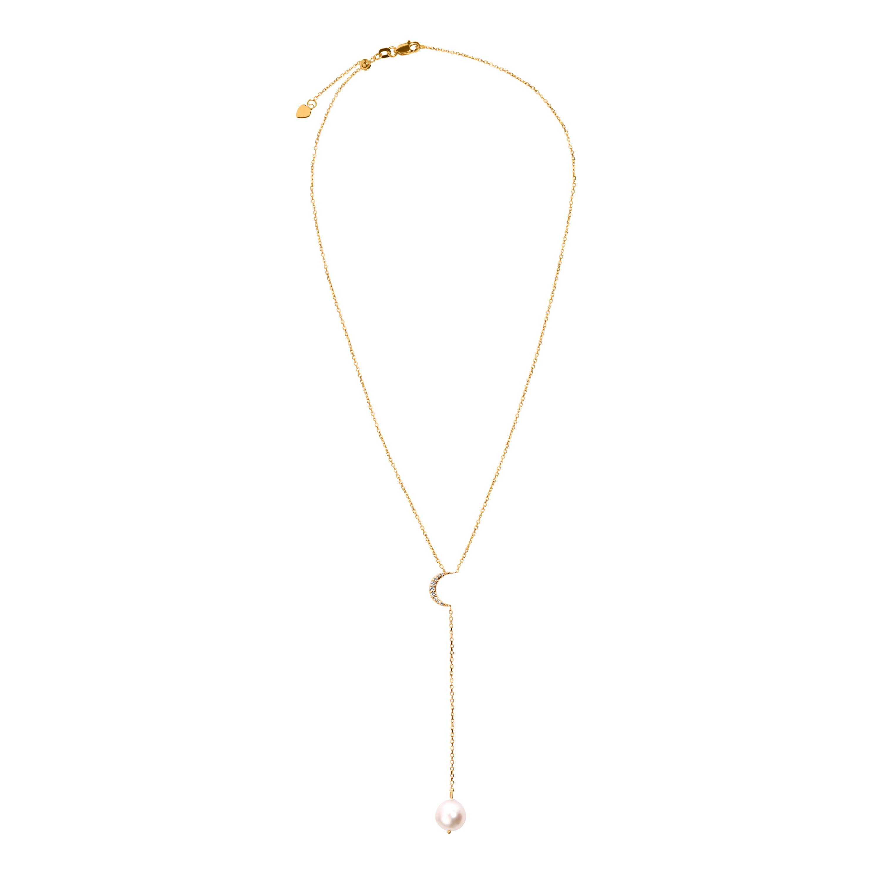 14k Gold Diamond Crescent Moon Freshwater Pearl Lariat Necklace