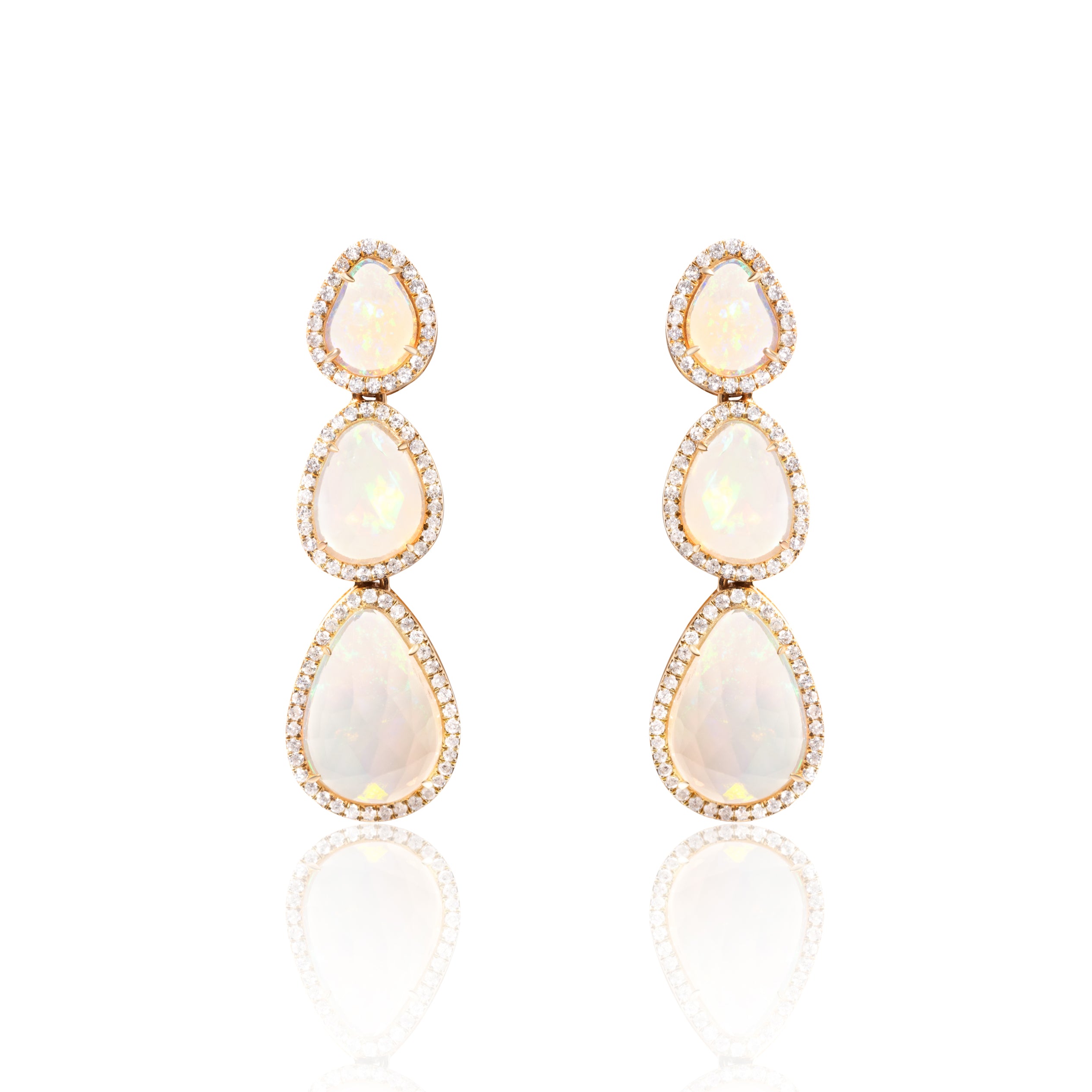14k Gold Ethiopian Opal Diamond Pave Triple Drop Earrings
