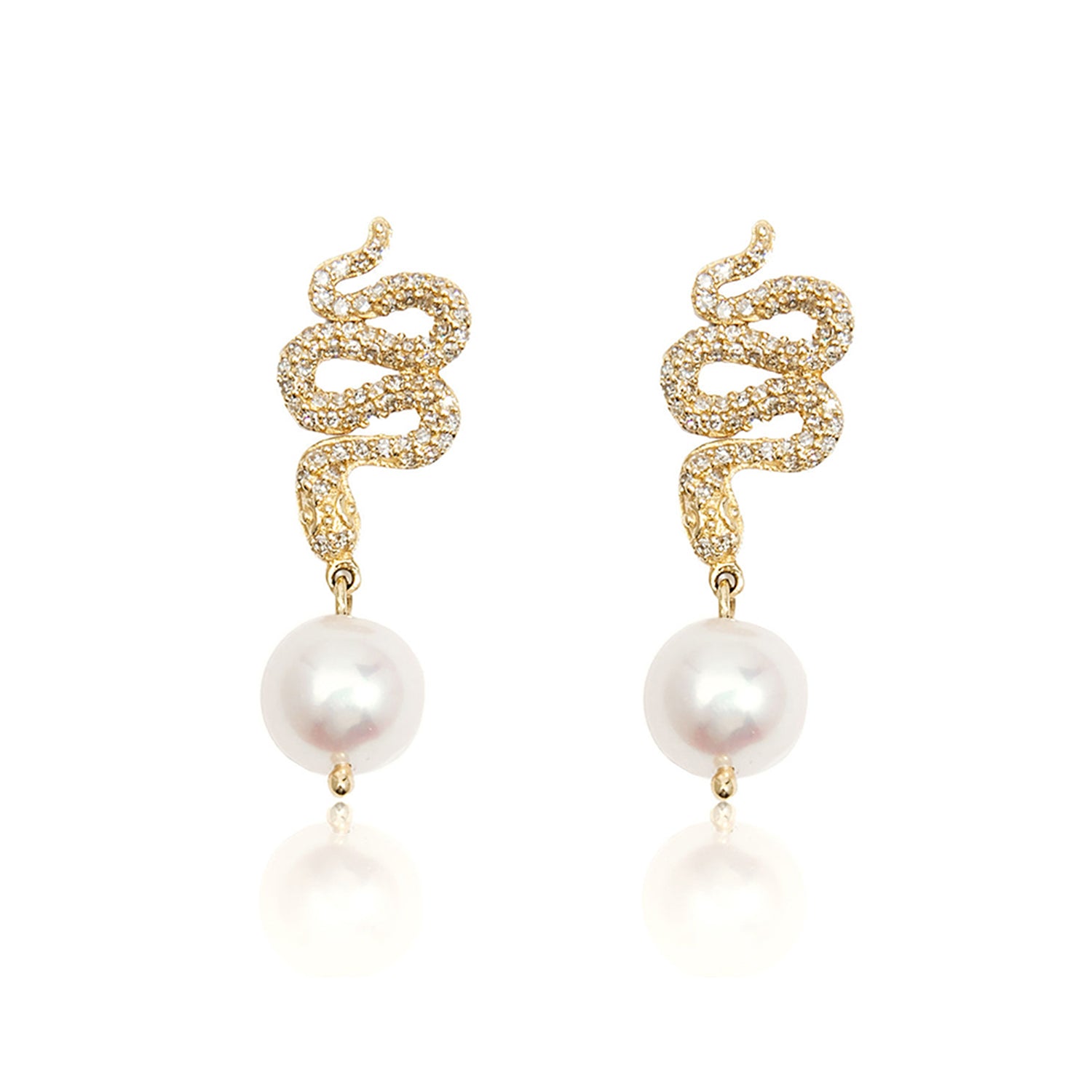 18K Gold Diamond Baroque Pearl Snake Drop Earrings