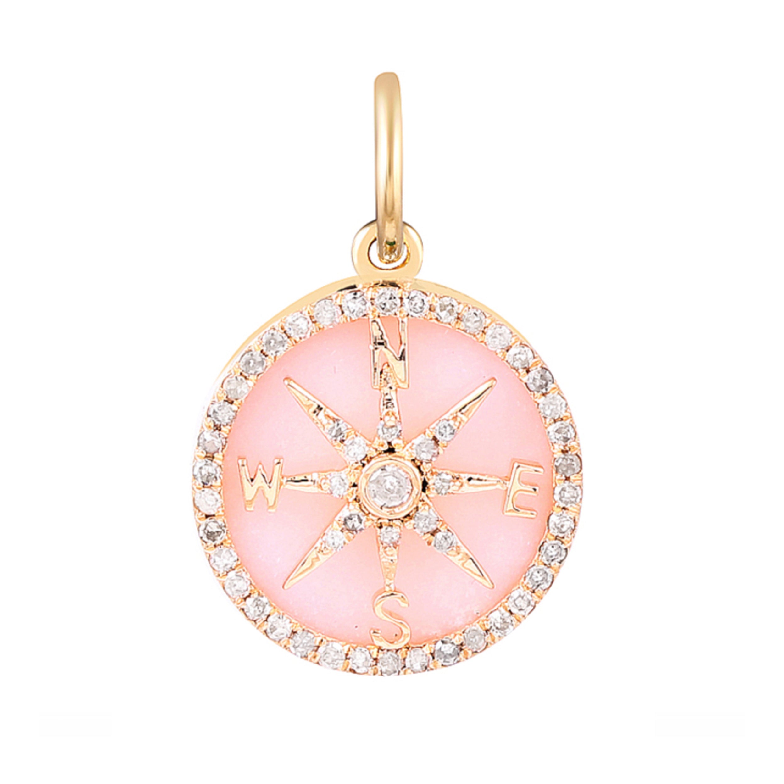 Pink Enamel Diamond Compass in 14k Gold