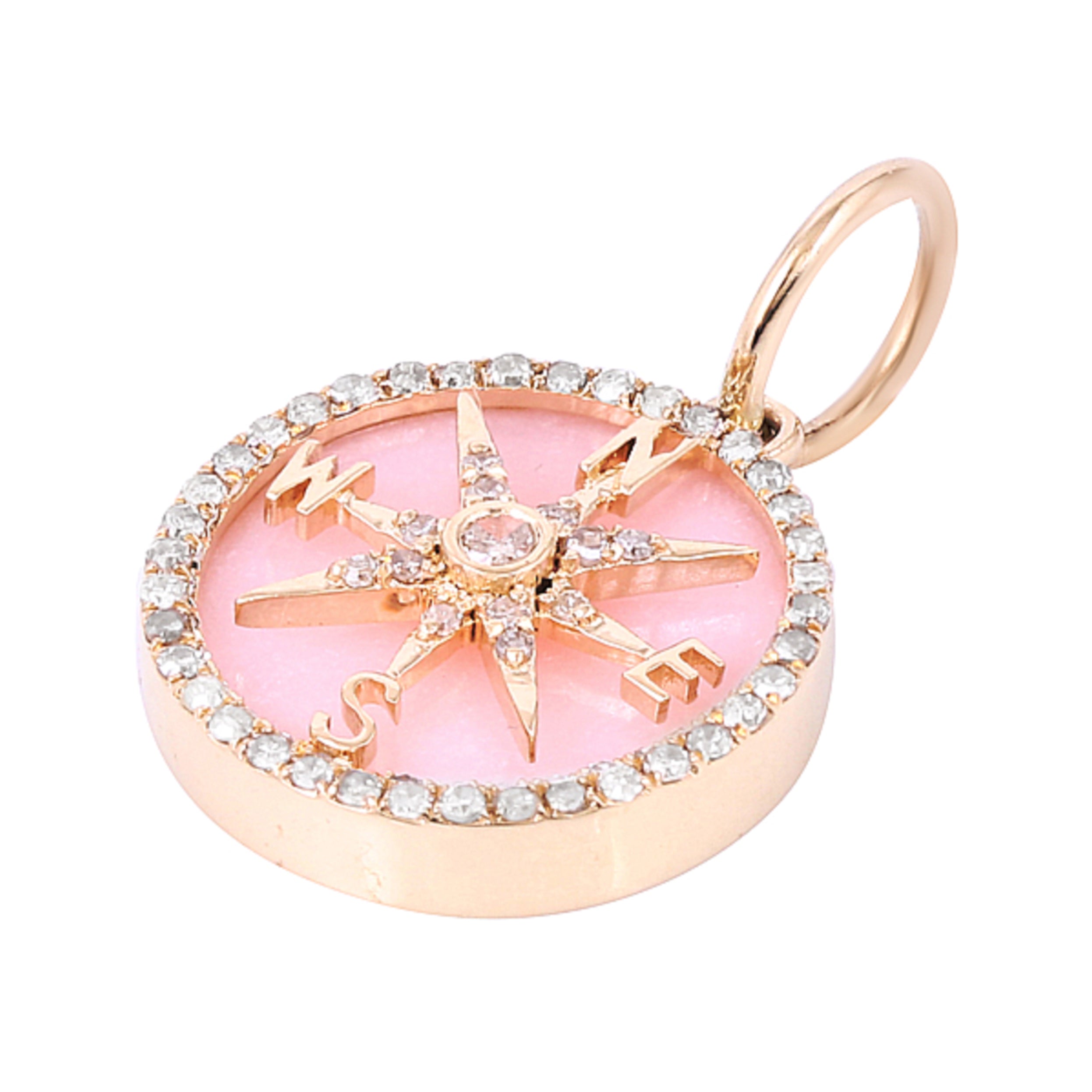 Pink Enamel Diamond Compass in 14k Gold
