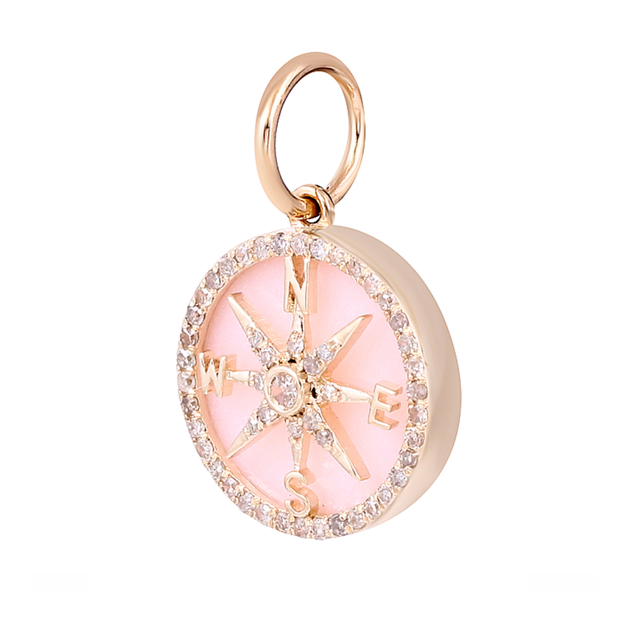 Pink Enamel Diamond Compass in 14k Gold