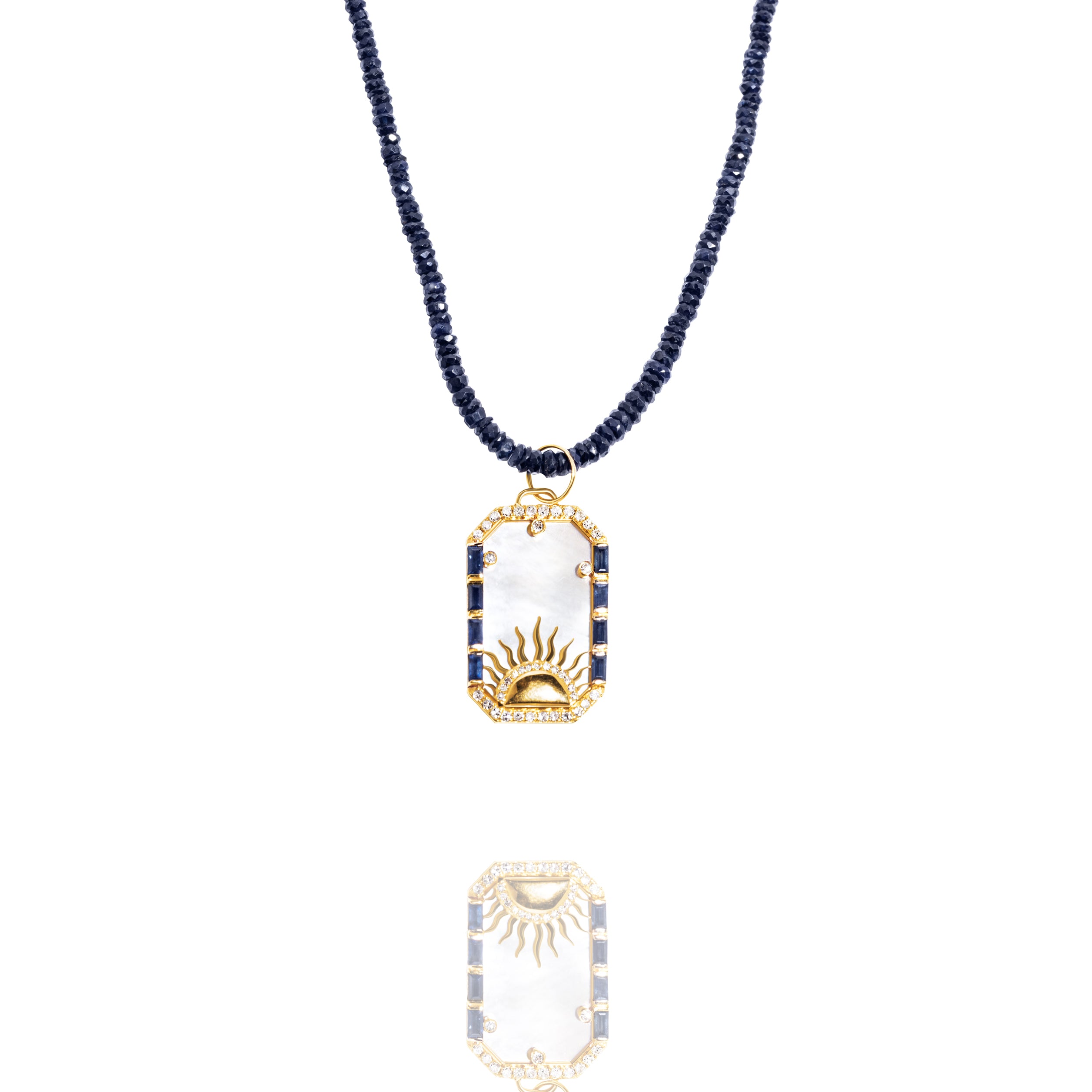 14k Gold Mother of Pearl Blue Sapphire Diamond Soleil Tarot Card Pendant