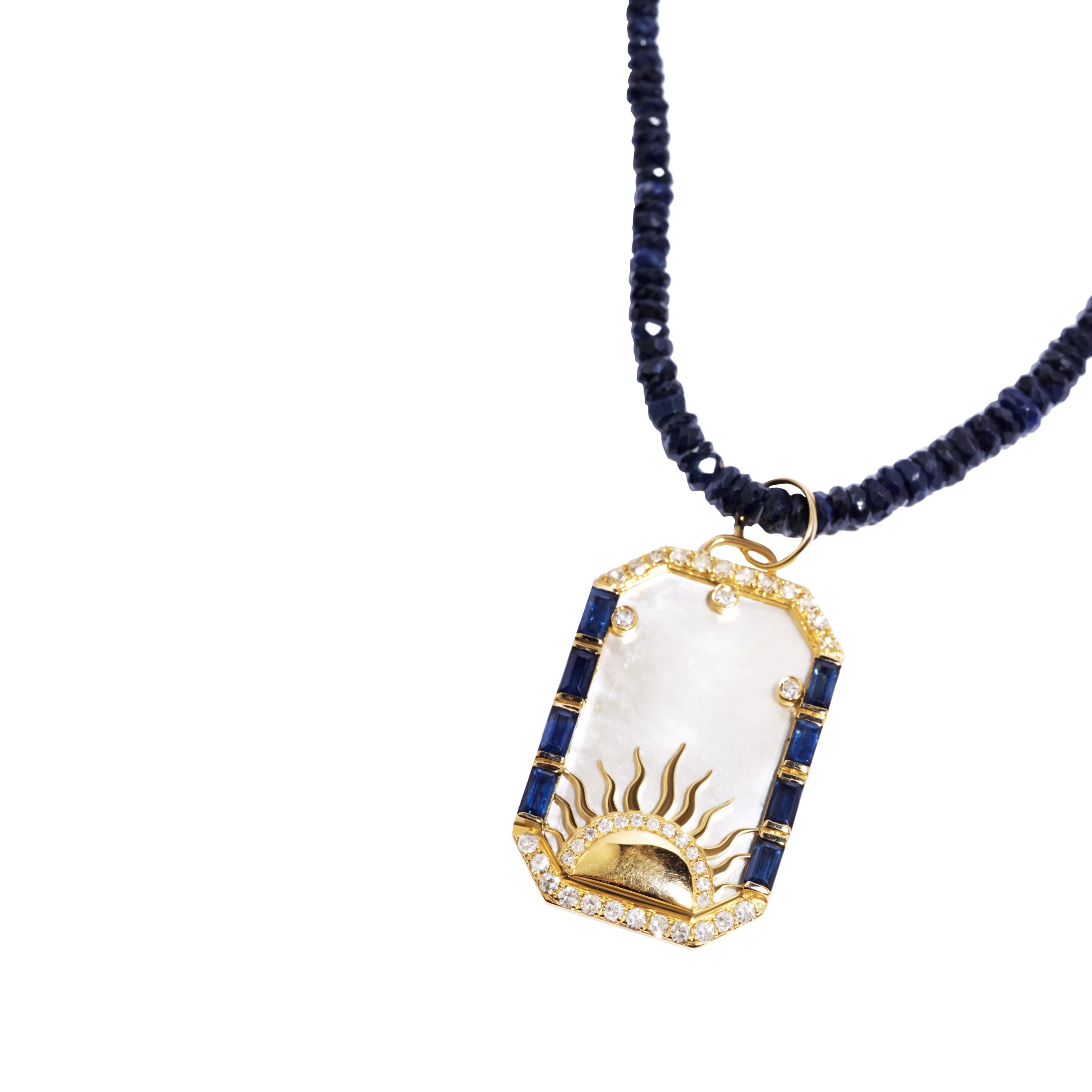 14k Gold Mother of Pearl Blue Sapphire Diamond Soleil Tarot Card Pendant