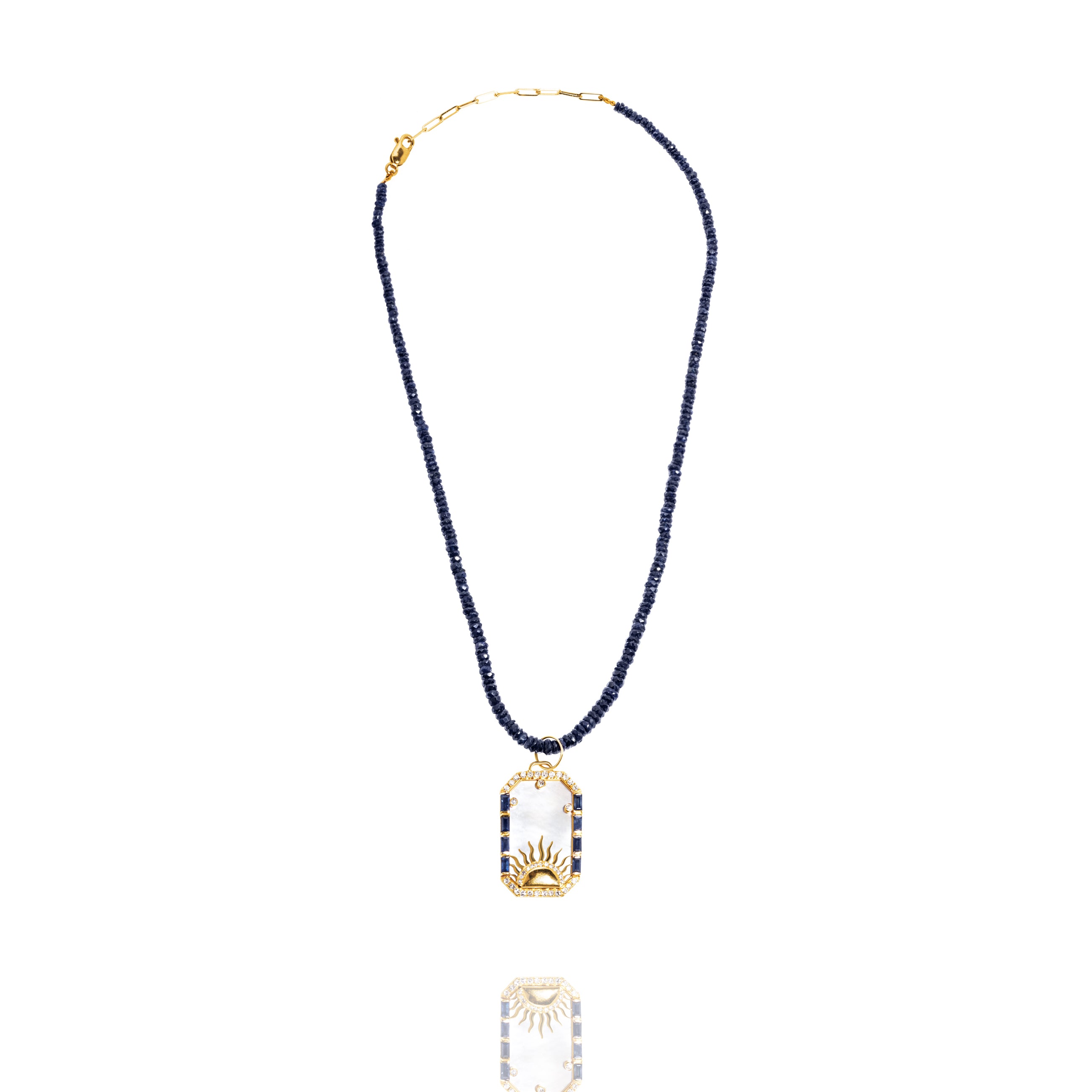 14k Gold Mother of Pearl Blue Sapphire Diamond Soleil Tarot Card Pendant