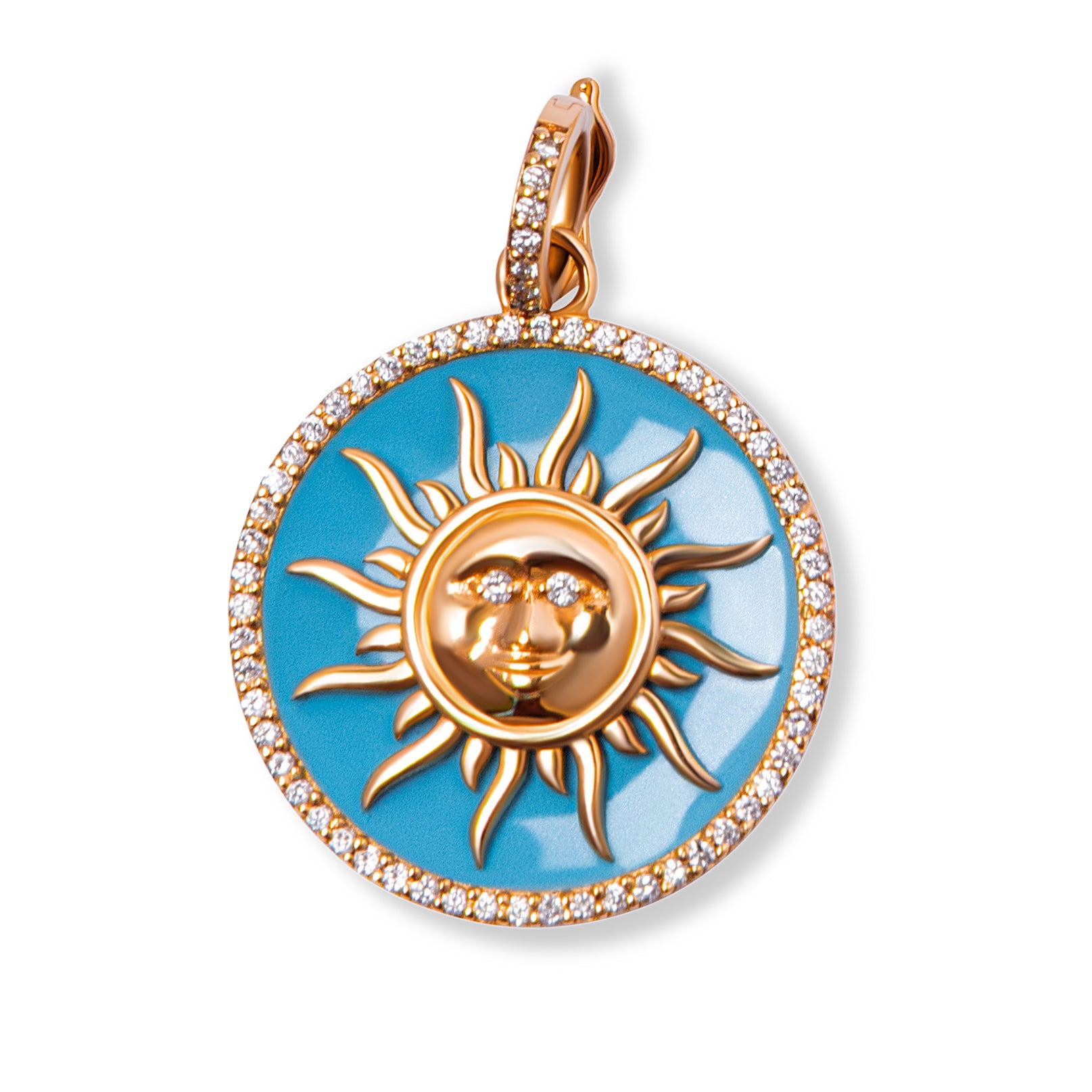 Large 18k Gold Diamond Turquoise Enamel Sun Pendant