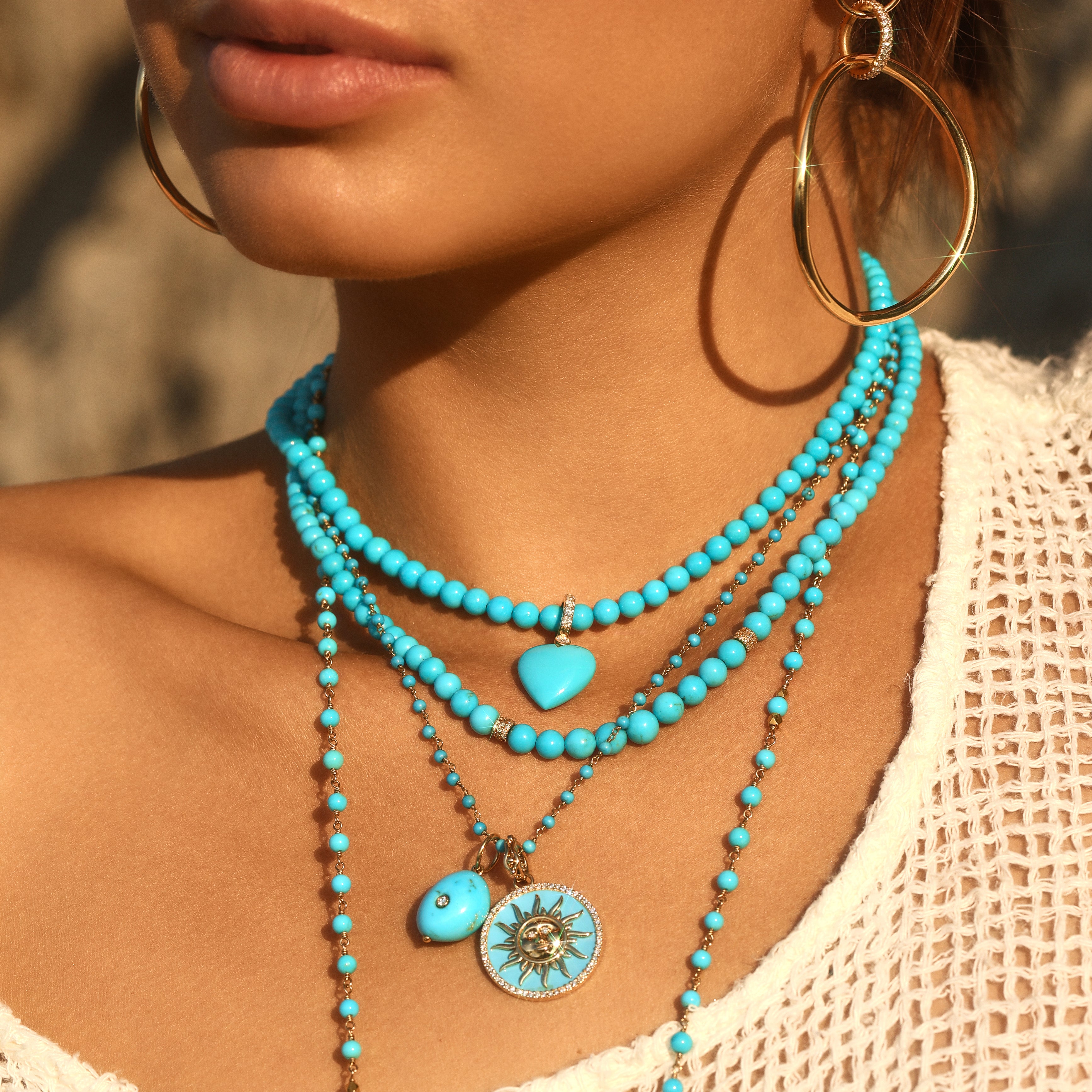 Large 18k Gold Diamond Turquoise Enamel Sun Pendant