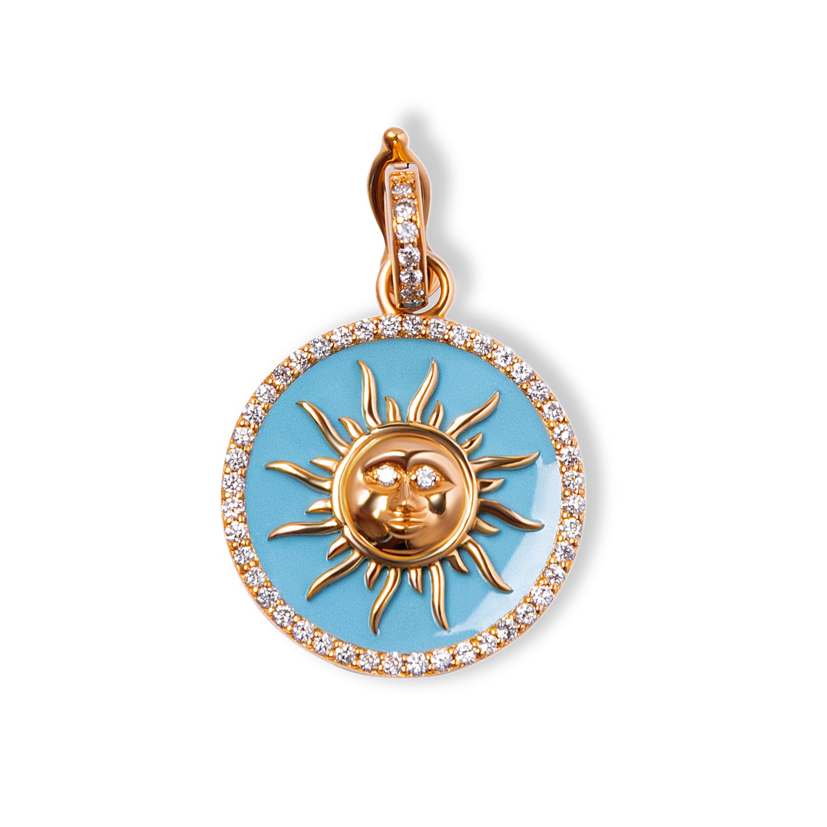 Small 18k Gold Diamond Turquoise Enamel Sun Pendant