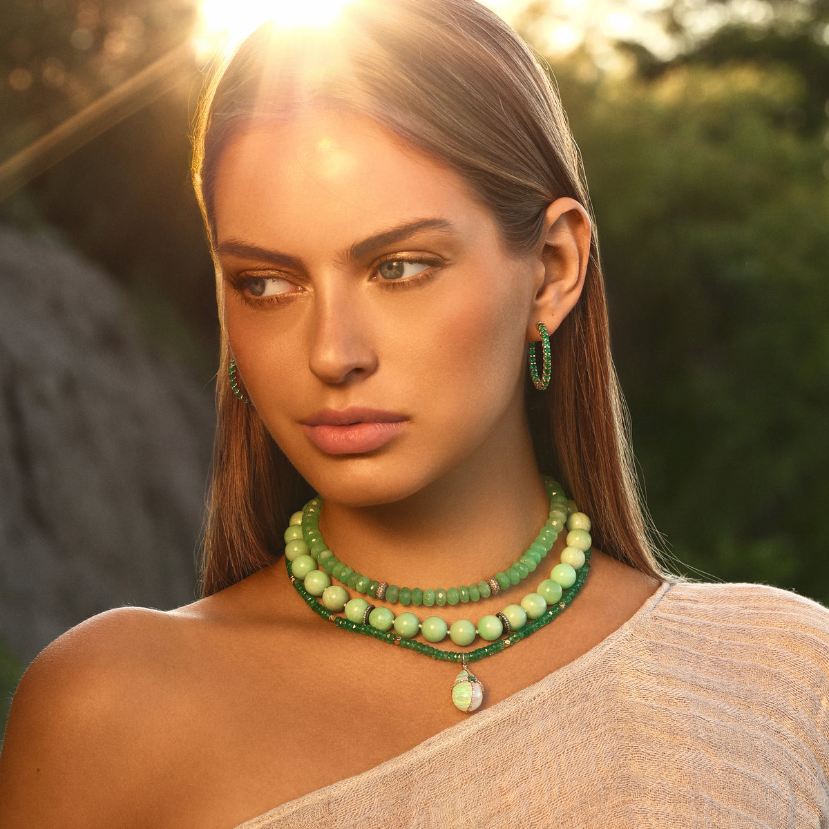 Round Chrysoprase Diamond Beaded Necklace