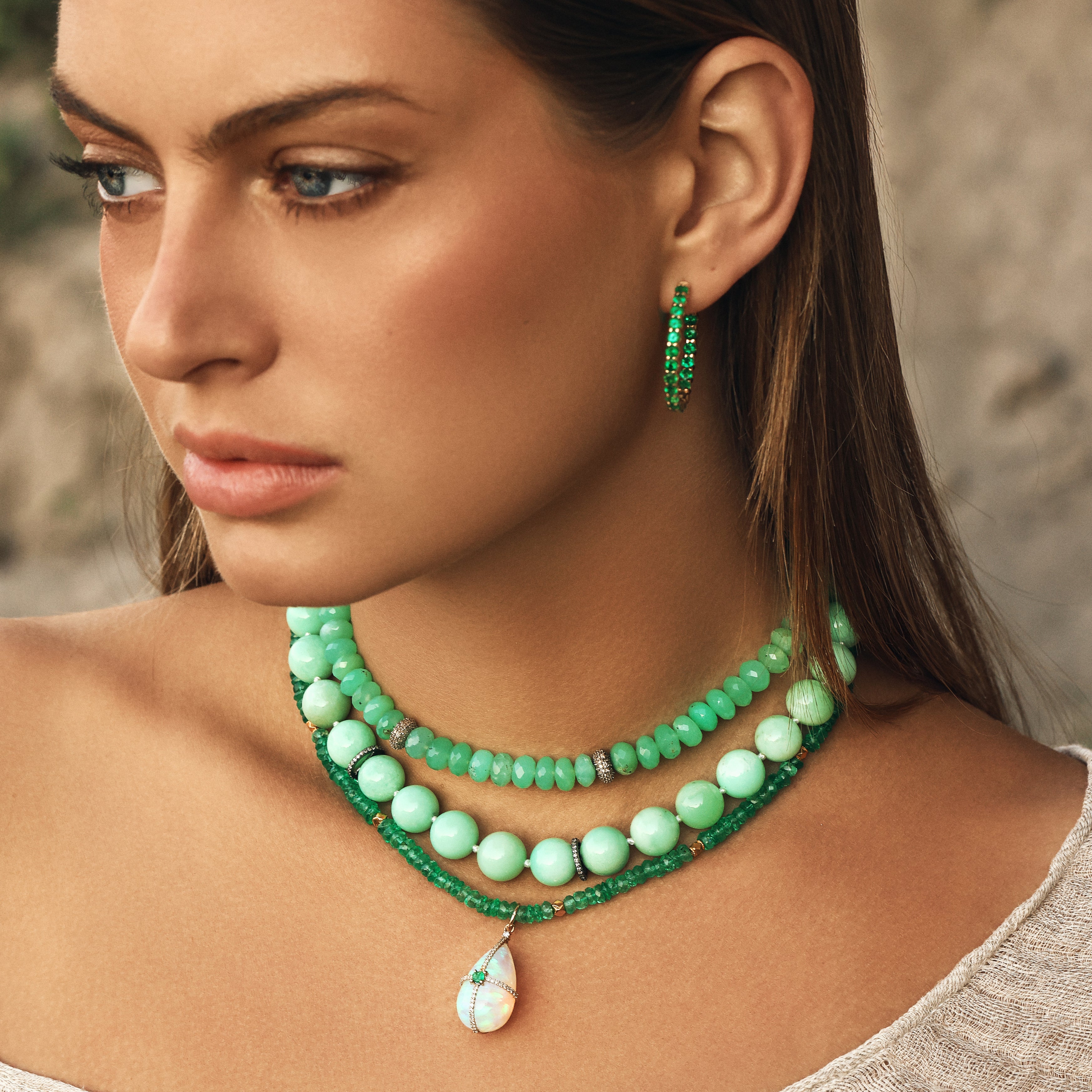 Round Chrysoprase Diamond Beaded Necklace