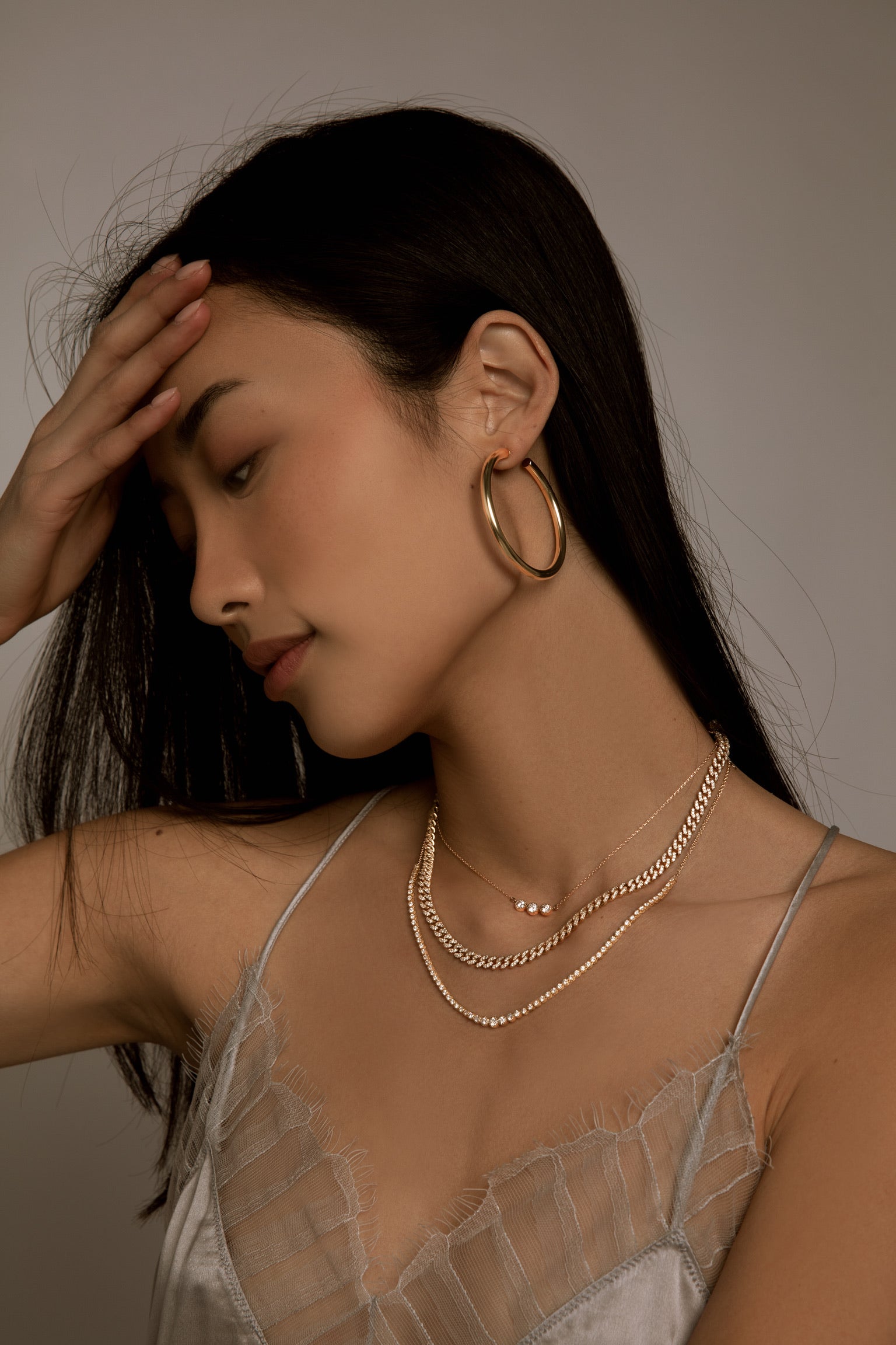 On Model Side View Chunky Gold Hoop Earrings Large 14K Gold
