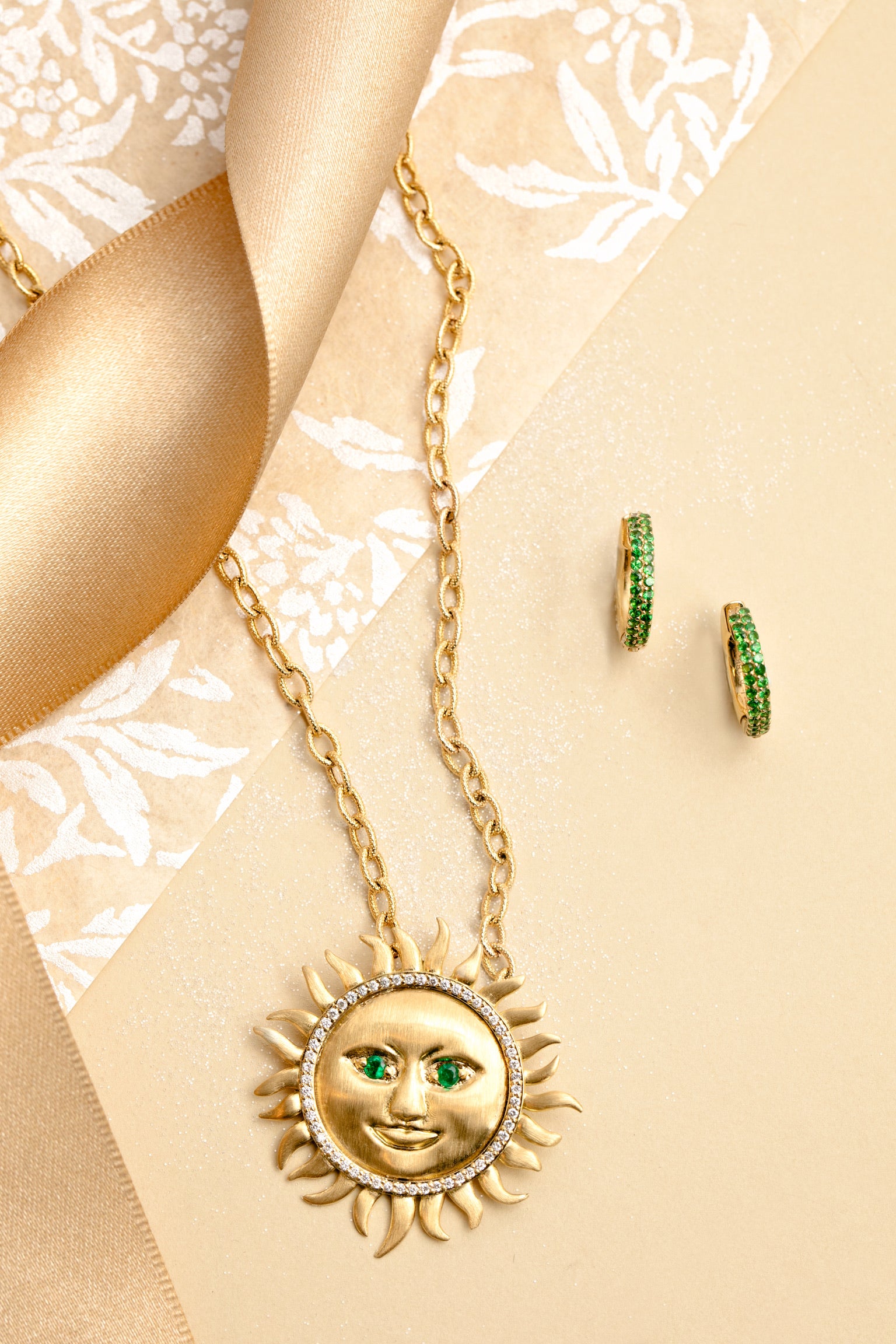 Jumbo Emerald Soleil Pendant on textured chain