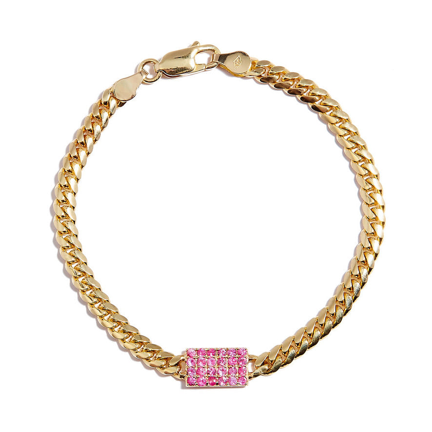 Miami Cuban Chain Bracelet with Pink Sapphire Pad in 14k Yellow Gold