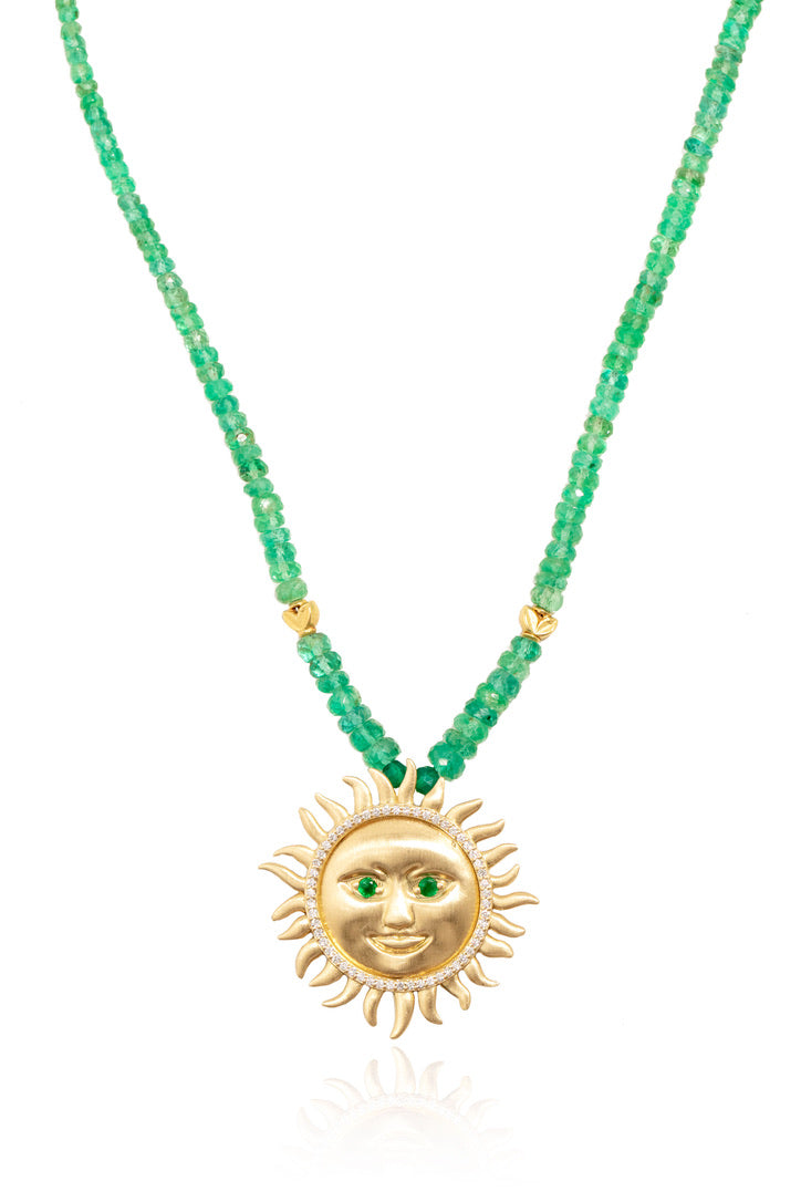 14k Gold Jumbo Emerald Soleil Pendant Necklace