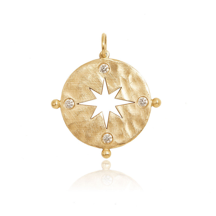 Large Hammered Matte Compass in 14k Yellow Gold