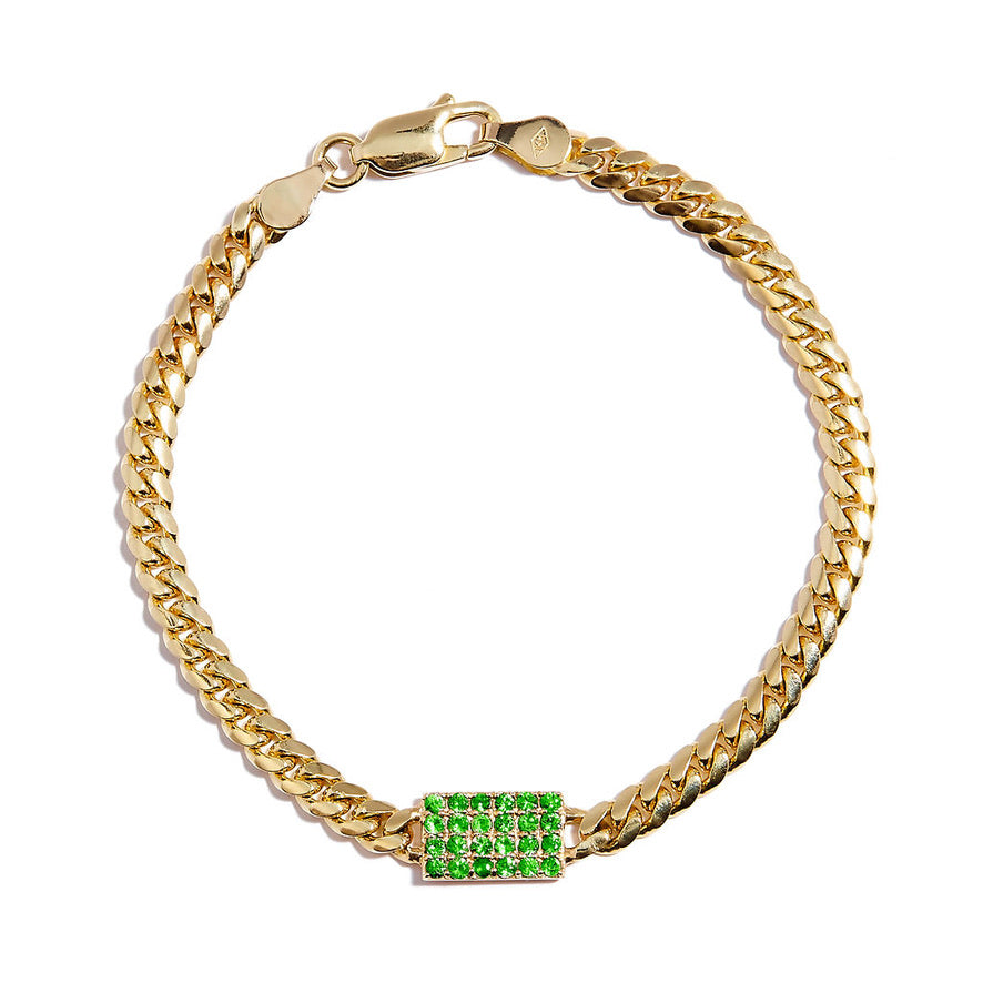 Miami Cuban Chain Bracelet with Tsavorite Pad in 14k Yellow Gold