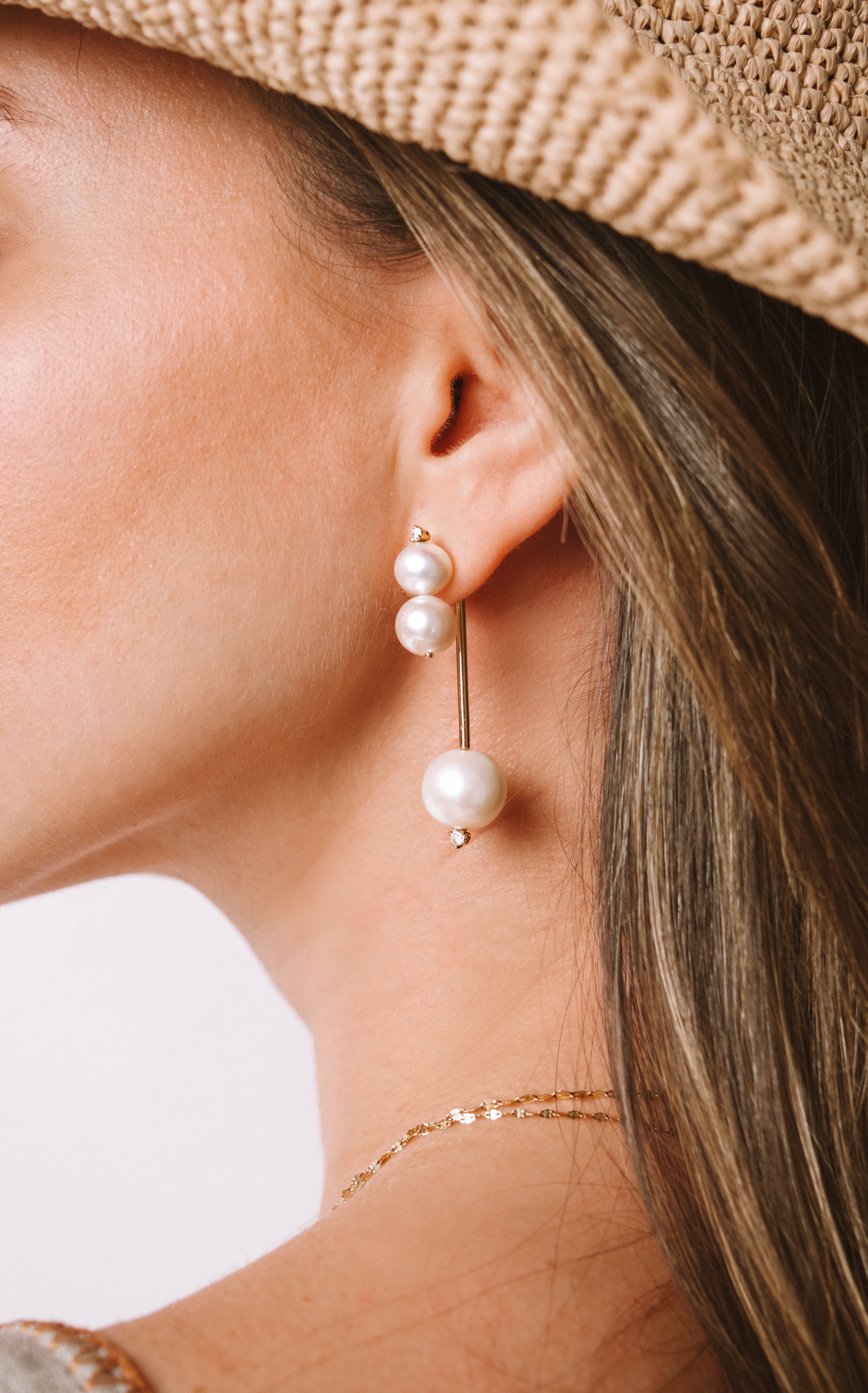 Triple Pearl Gold Hatpin Earring