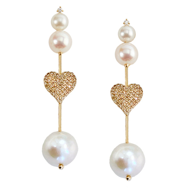 Triple pearl gold Hatpin Diamond pave hearts
