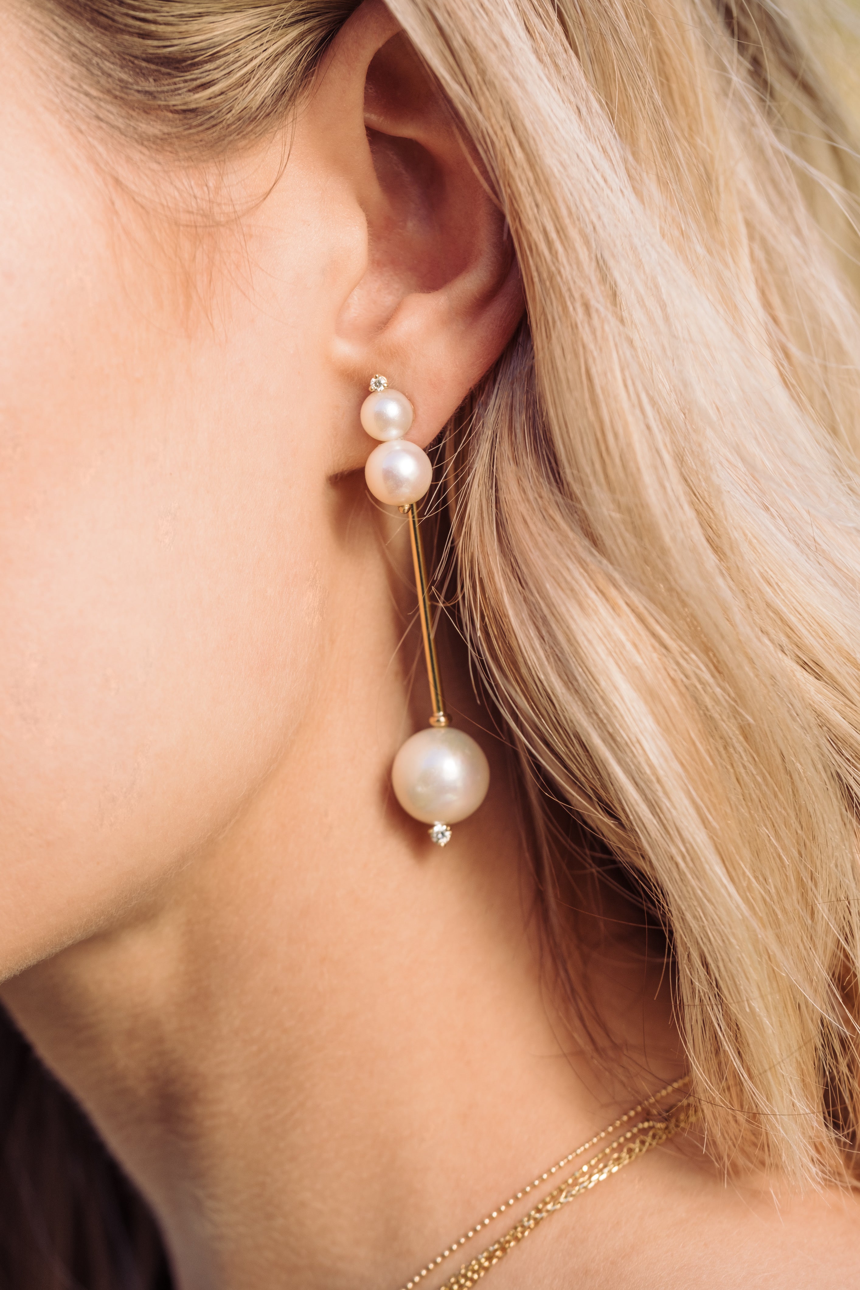 Triple pearl gold hatpin earrings