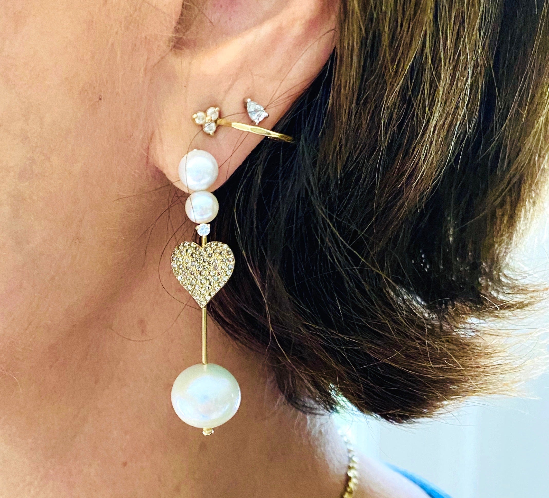 Triple pearl gold Hatpin Diamond pave hearts