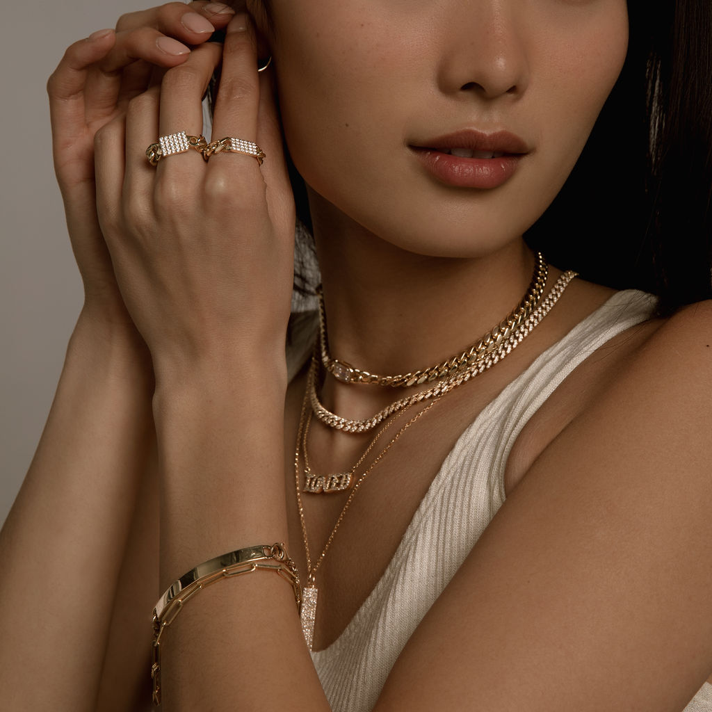 Medium Cuban Chain Pave Ring in Yellow Gold
