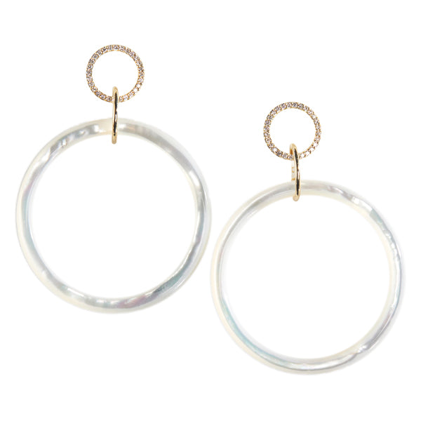 18k Double Ring Diamond Pave Mother of Pearl Hoops